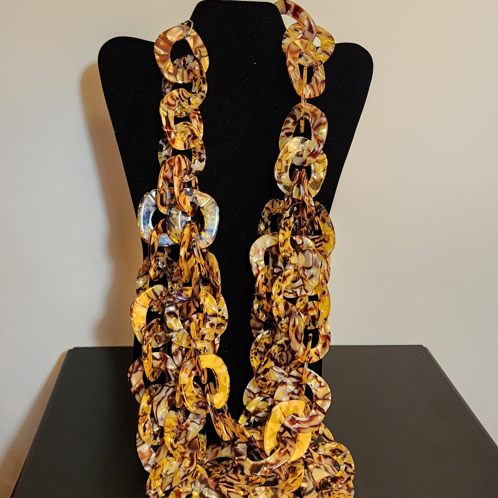 Tortoiseshell Resin Link Statement Necklace - Yellow Brown Mix